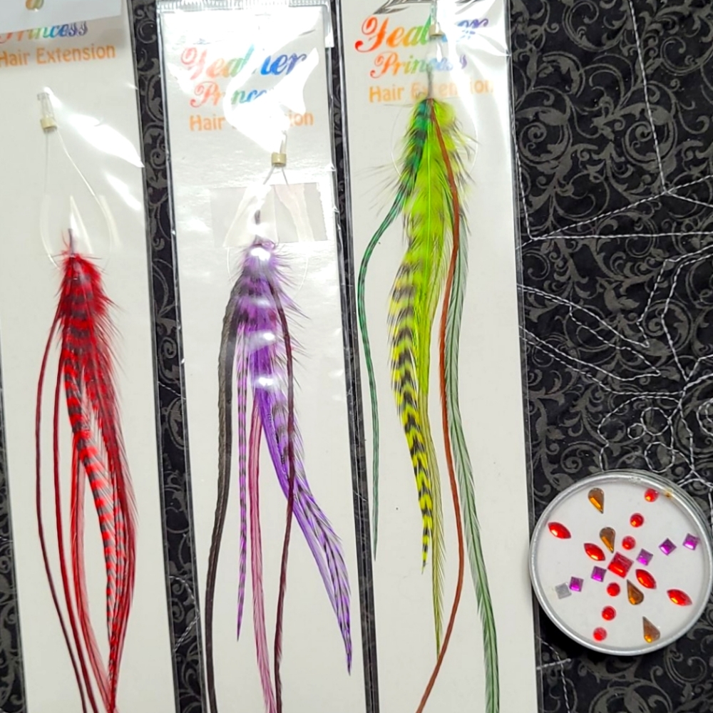 3 Hair Feather Extensions and Red Gems new Y2K